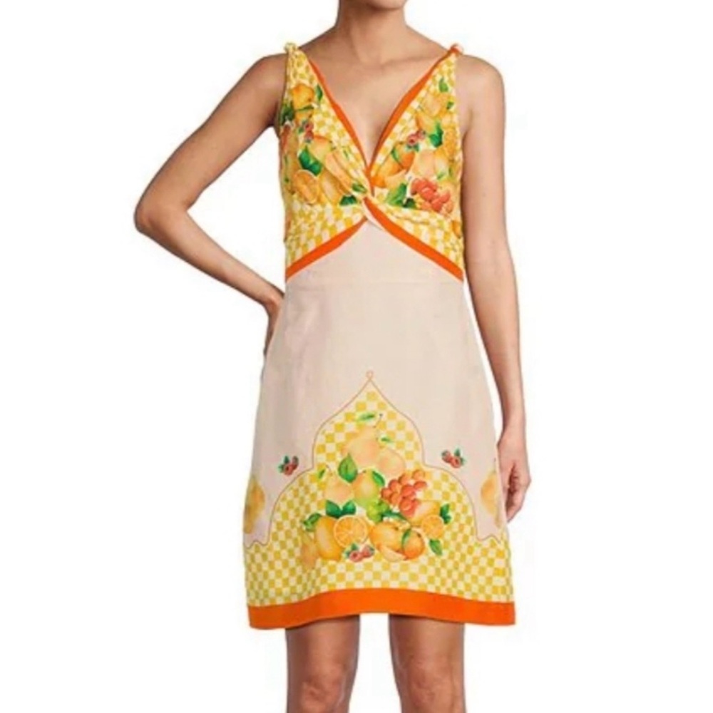 Antonio Melani Kacey Multicolor Fruit Print Linen Blend V-Neck Sleeveless Dress
